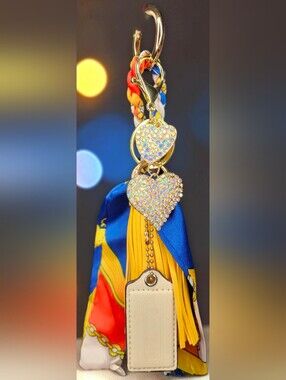 Coach Blue & Yellow Silk Scarf & Tassel Keychain With Heart Charm NWOT